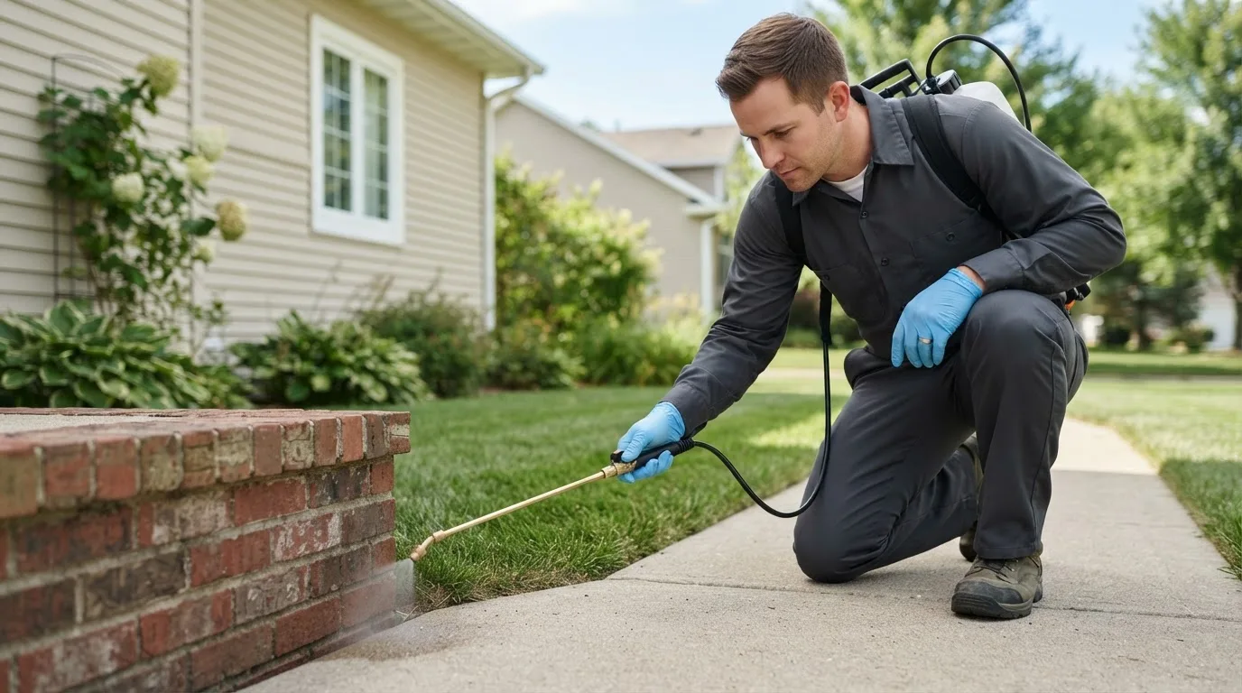 Pest control technician treating a home near Mizpah, MN